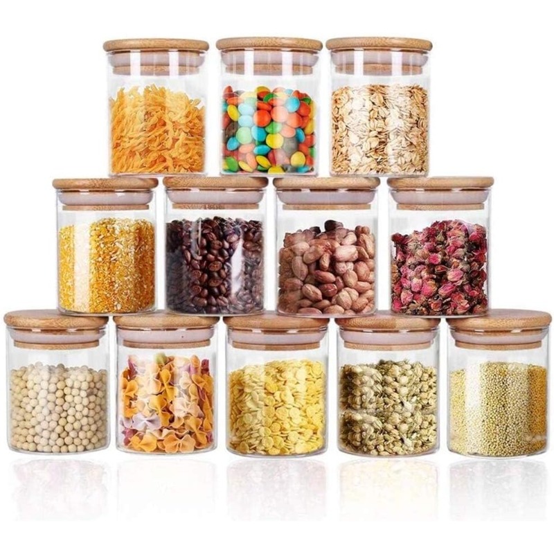 Food Storage Glass Set - Zestaw 12 szklanych słoików z bambusowymi,