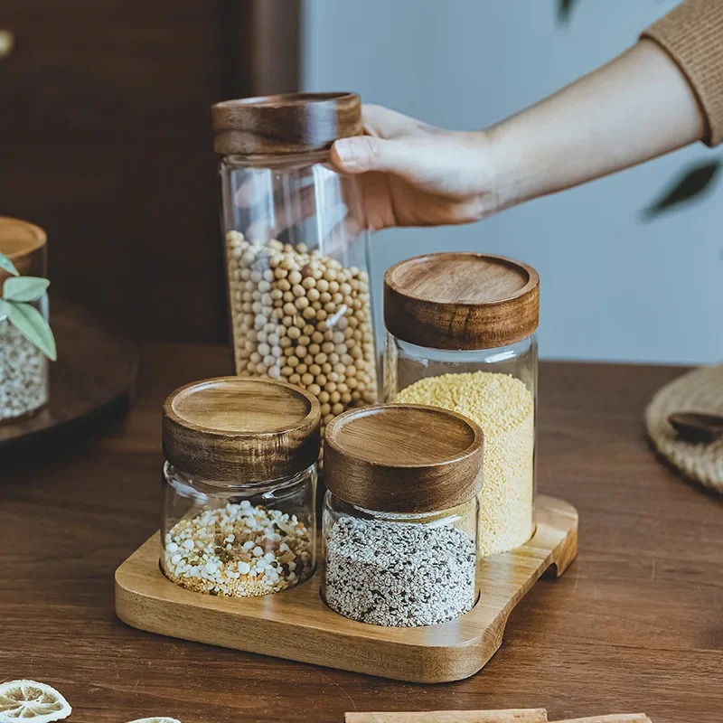 Food Storage Glass Set - Drewniana pokrywa dozownik do pojemników z