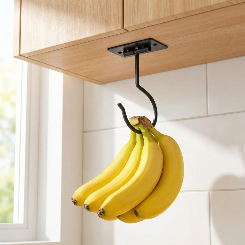 Food Storage Cabinet For Kitchen - Czarny metalowy samoprzylepny haczyk bananowy, składany